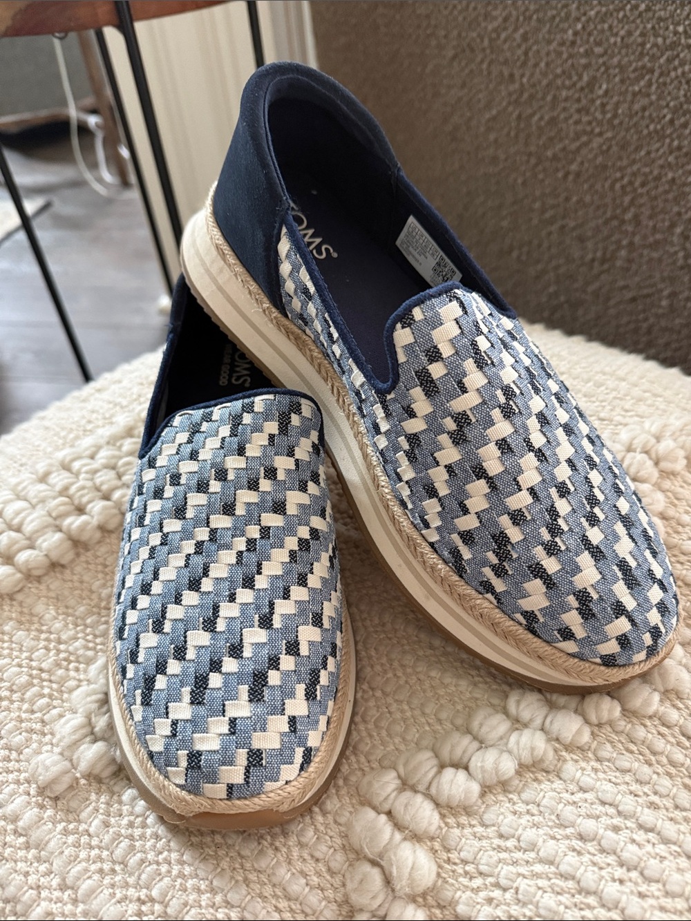 TOMS Blue Navy White Woven Textured Platform Slip-On Mules Espadrilles 9